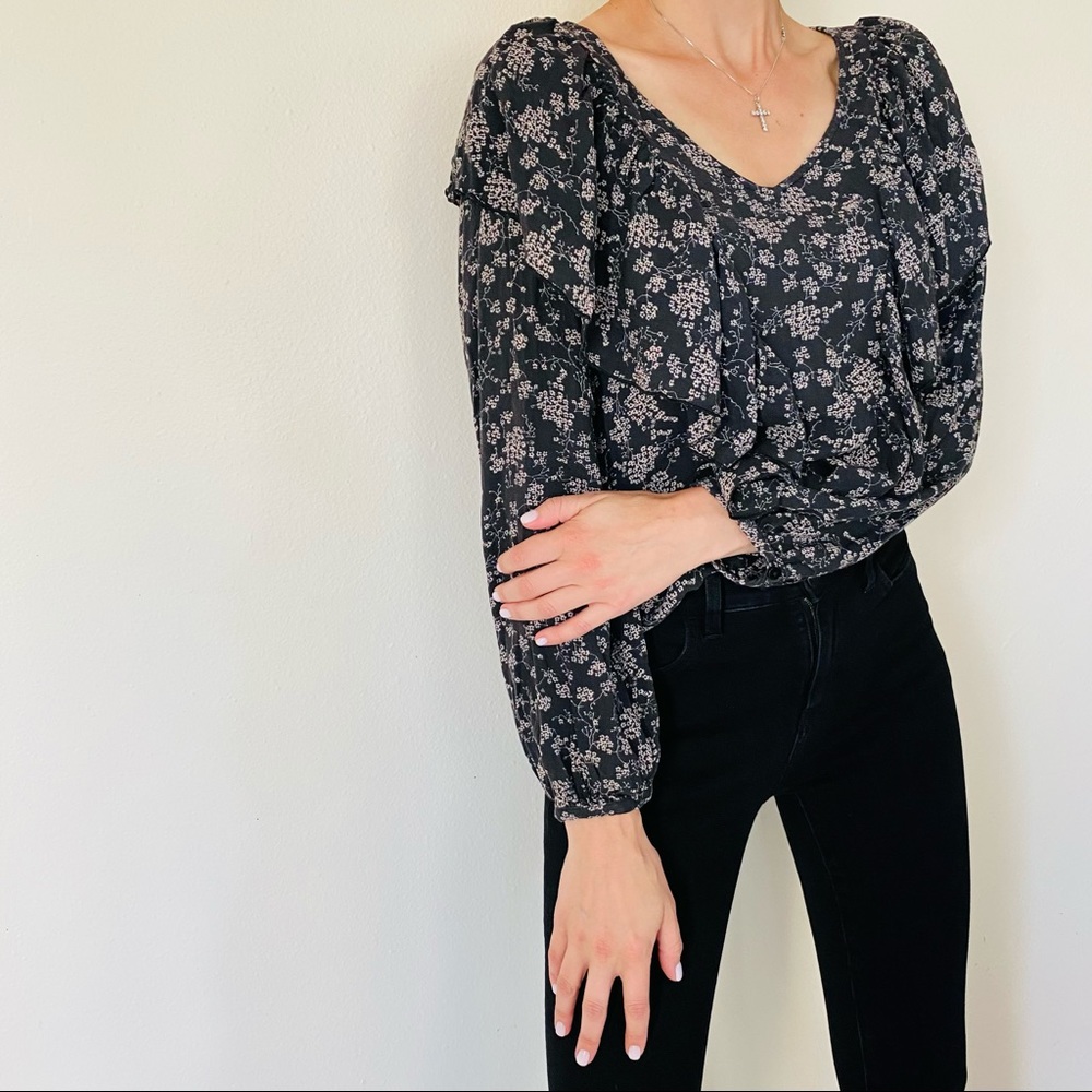 Hinge floral print bohemian Ruffle front long sleeve blouse top black - Picture 3 of 8